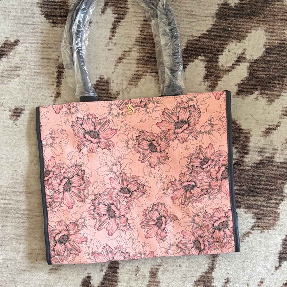 PINK Victoria's Secret Pink Floral Print Tote with Black Trim
